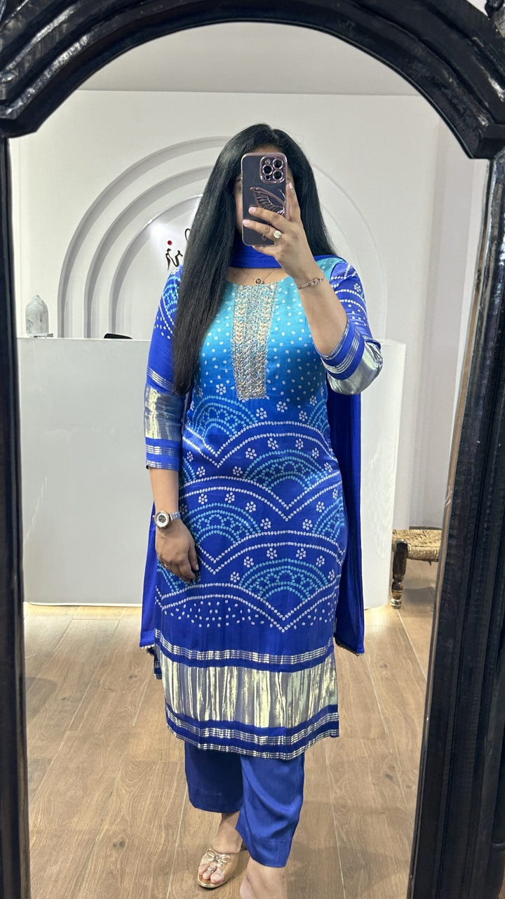 Blue bandhej printed gajji silk