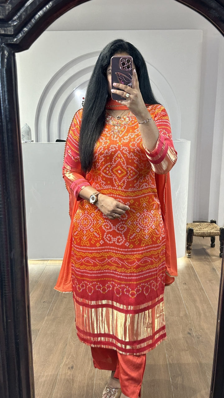 Orange Bandhej Gajji Silk Kurti