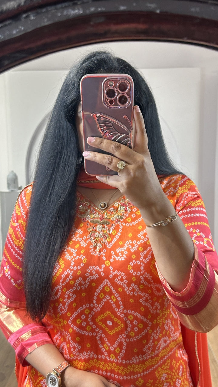 Orange Bandhej Gajji Silk Kurti