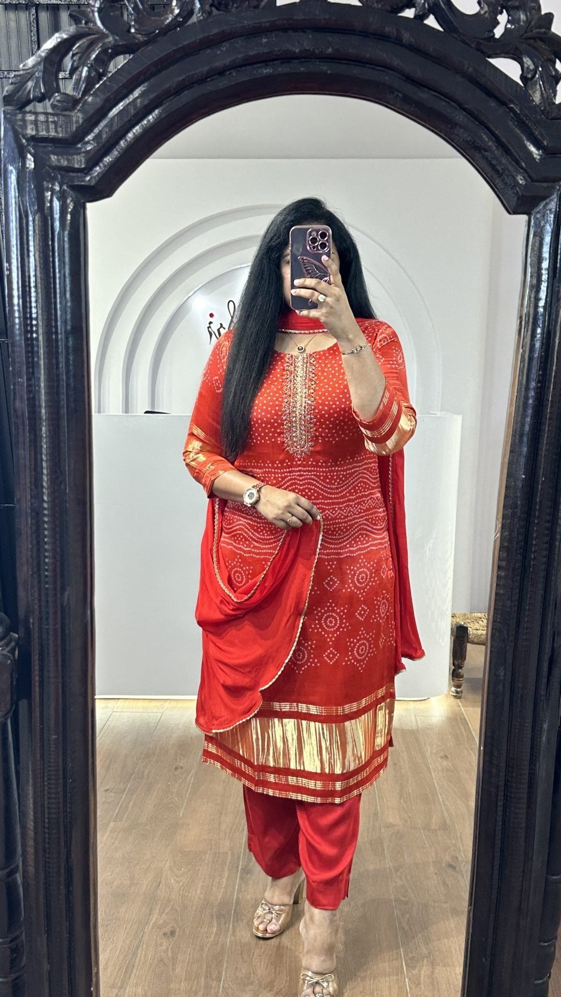 Red Bandhej Gajji Silk Kurti