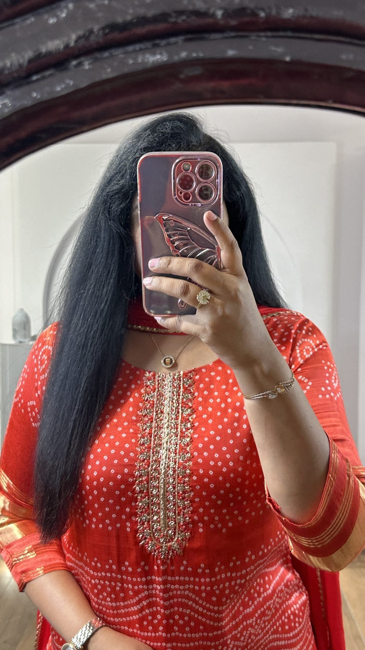 Red Bandhej Gajji Silk Kurti